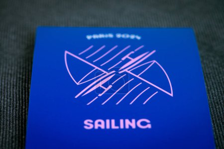 Photo for PARIS, FRANCE, MARCH 26, 2024: Sailing pictogram for paris 2024 summer olympics. Official icon of sport at olympics game in Paris 24 - Royalty Free Image