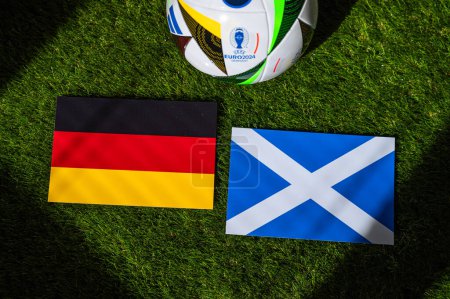 Photo for Germany vs Scotland, Euro 2024 Group A football match at Fuball Arena Mnchen, Munich, 14 June 2024, official ball on green grass - Royalty Free Image