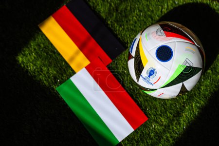 Photo for BERLIN, GERMANY, APRIL 17, 2024: Germany vs Hungary, Euro 2024 Group A football match at Stuttgart Arena, Stuttgart, 19 June 2024, official ball on green grass - Royalty Free Image