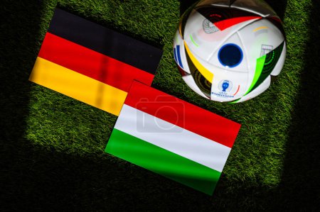 Photo for LEIPZIG, GERMANY, APRIL 17, 2024: Germany vs Hungary, Euro 2024 Group A football match at Stuttgart Arena, Stuttgart, 19 June 2024, official ball on green grass - Royalty Free Image