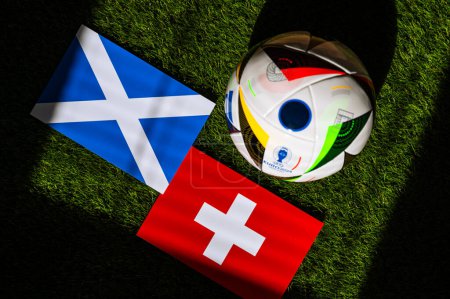MUNICH, GERMANY, APRIL 17, 2024: Scotland vs Switzerland, Euro 2024 Group A football match at Cologne Stadium, Cologne, 19 June 2024, official ball on green grass