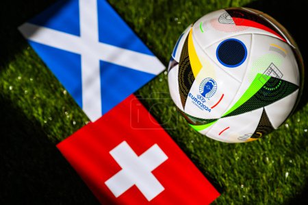Photo for BERLIN, GERMANY, APRIL 17, 2024: Scotland vs Switzerland, Euro 2024 Group A football match at Cologne Stadium, Cologne, 19 June 2024, official ball on green grass - Royalty Free Image