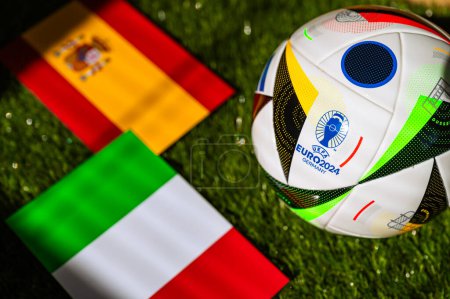 Photo for LEIPZIG, GERMANY, APRIL 17, 2024: Spain vs Italy, Euro 2024 Group B football match at Arena AufSchalke, Gelsenkirchen, 20 June 2024, official ball on green grass - Royalty Free Image