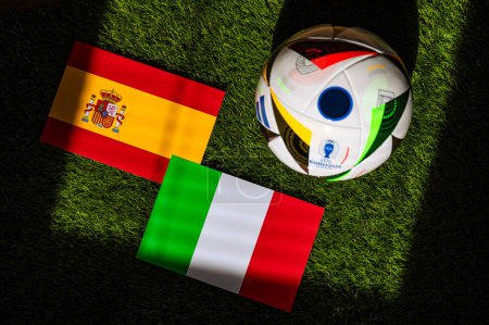 Photo for LEIPZIG, GERMANY, APRIL 17, 2024: Spain vs Italy, Euro 2024 Group B football match at Arena AufSchalke, Gelsenkirchen, 20 June 2024, official ball on green grass - Royalty Free Image