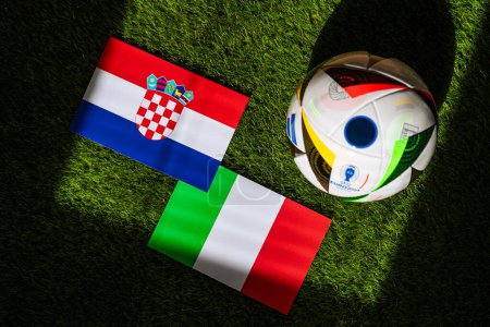 Photo for MUNICH, GERMANY, APRIL 17, 2024: Croatia vs Italy, Euro 2024 Group B football match at Leipzig Stadium, Leipzig, 24 June 2024, official ball on green grass - Royalty Free Image