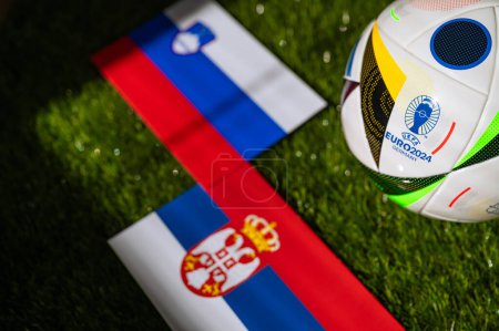 Photo for BERLIN, GERMANY, APRIL 17, 2024: Slovenia vs Serbia, Euro 2024 Group C football match at Munich Football Arena, Munich, 20 June 2024, official ball on green grass - Royalty Free Image