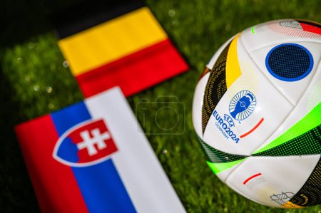 Photo for LEIPZIG, GERMANY, APRIL 17, 2024: Belgium vs Slovakia, Euro 2024 Group E football match at Frankfurt Arena, Frankfurt, 17 June 2024, official ball on green grass - Royalty Free Image