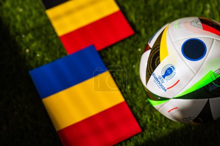 Photo for BERLIN, GERMANY, APRIL 17, 2024: Belgium vs Romania, Euro 2024 Group E football match at Cologne Stadium, Cologne, 22 June 2024, official ball on green grass - Royalty Free Image
