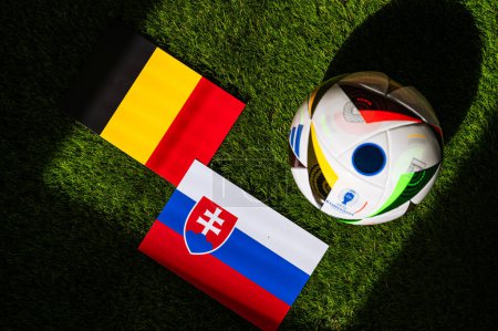 LEIPZIG, GERMANY, APRIL 17, 2024: Belgium vs Slovakia, Euro 2024 Group E football match at Frankfurt Arena, Frankfurt, 17 June 2024, official ball on green grass
