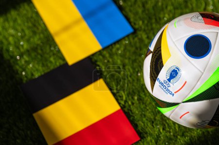 Photo for LEIPZIG, GERMANY, APRIL 17, 2024: Ukraine vs Belgium, Euro 2024 Group E football match at Stuttgart Arena, Stuttgart, 26 June 2024, official ball on green grass - Royalty Free Image