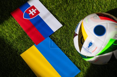 Photo for LEIPZIG, GERMANY, APRIL 17, 2024: Slovakia vs Ukraine, Euro 2024 Group E football match at Dsseldorf Arena, Dsseldorf, 21 June 2024, official ball on green grass - Royalty Free Image