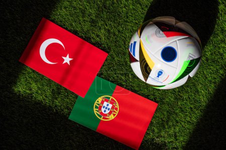 Photo for BERLIN, GERMANY, APRIL 17, 2024: Turkey vs Portugal, Euro 2024 Group F football match at BVB Stadion Dortmund, Dortmund, 22 June 2024, official ball on green grass - Royalty Free Image