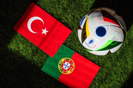Photo for LEIPZIG, GERMANY, APRIL 17, 2024: Turkey vs Portugal, Euro 2024 Group F football match at BVB Stadion Dortmund, Dortmund, 22 June 2024, official ball on green grass - Royalty Free Image