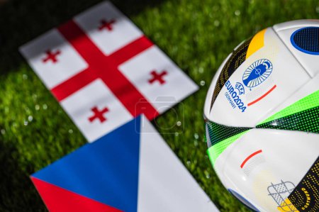 Photo for BERLIN, GERMANY, APRIL 17, 2024: Georgia vs Czech Republic, Euro 2024 Group F football match at Volksparkstadion, Hamburg, 22 June 2024, official ball on green grass - Royalty Free Image