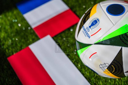 Photo for LEIPZIG, GERMANY, APRIL 17, 2024: France vs Poland, Euro 2024 Group D football match at BVB Stadion Dortmund, Dortmund, 25 June 2024, official ball on green grass - Royalty Free Image