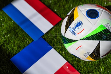 Photo for LEIPZIG, GERMANY, APRIL 17, 2024: Netherlands vs France, Euro 2024 Group D football match at Leipzig Stadium, Leipzig, 21 June 2024, official ball on green grass - Royalty Free Image