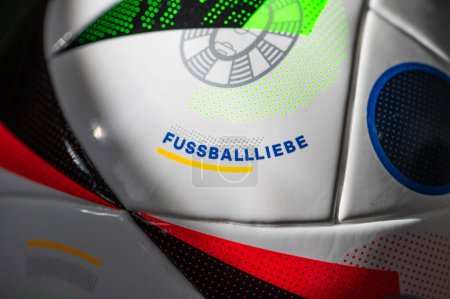 Photo for DORTMUND, GERMANY, APRIL 17, 2024: Fussballliebe Detail macro view at at Official Adidas soccer ball Fussballliebe for Euro 2024 football Tournament in Germany - Royalty Free Image