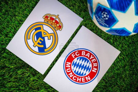Photo for MADRID, SPAIN, APRIL 28. 2024: Real Madrid (ESP) vs Bayern Munich (GER). Semifinals of football UEFA Champions League 2024 in Europe. Logo of teams and official soccer ball on green grass - Royalty Free Image