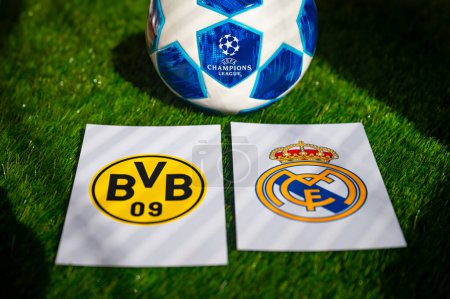 Photo for LONDON, ENGLAND, MAY 10, 2024: Borussia Dortmund (GER) vs Real Madrid (ESP). Final of UEFA Champions League 2024. UCL football final game at Wembley stadium. Official soccer ball on green grass - Royalty Free Image