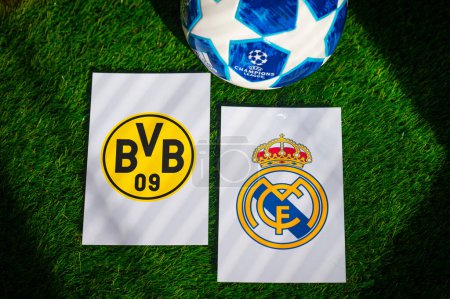 Photo for LONDON, ENGLAND, MAY 10, 2024: Final of UEFA Champions League 2024 Borussia Dortmund (GER) vs Real Madrid (ESP) played at Wembley stadium in London. Official Adidas soccer ball on green grass - Royalty Free Image