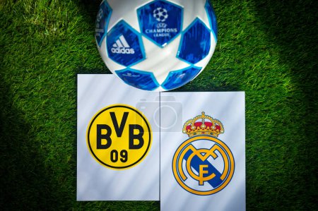 Photo for LONDON, ENGLAND, MAY 10, 2024: Borussia Dortmund (GER) vs Real Madrid (ESP). Final of UEFA Champions League 2024. UCL football final game at Wembley stadium. Official soccer ball on green grass - Royalty Free Image