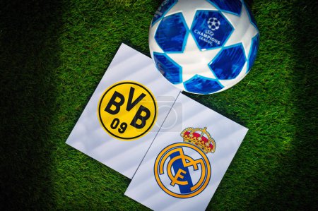 Photo for LONDON, ENGLAND, MAY 10, 2024: Final of UEFA Champions League 2024 Borussia Dortmund (GER) vs Real Madrid (ESP) played at Wembley stadium in London. Official Adidas soccer ball on green grass - Royalty Free Image
