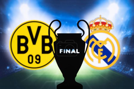 Photo for LONDON, ENGLAND, MAY 10, 2024: Final of UEFA Champions League 2024 Borussia Dortmund (GER) vs Real Madrid (ESP) played at Wembley stadium in London. Silhouette of official Trophy - Royalty Free Image