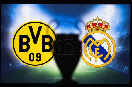 Photo for LONDON, ENGLAND, MAY 10, 2024: Borussia Dortmund (GER) vs Real Madrid (ESP). Final of UEFA Champions League 2024. UCL football final game at Wembley stadium. Silhouette of Trophy - Royalty Free Image