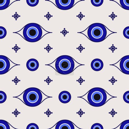 Illustration for Evil eye ethnic pattern. Mystic greek blue amulet. Turkish traditional print. Symbol of protection. Vector seamless background - Royalty Free Image