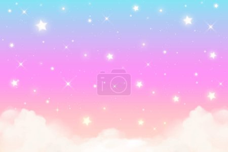 Ilustración de Fondo de unicornio arco iris con nubes y estrellas. Cielo de color pastel. Paisaje rosa mágico, panorama fabuloso abstracto. Lindo fondo de pantalla de caramelo. Vector - Imagen libre de derechos