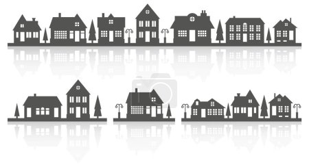 Illustration for Silhouette of houses on the skyline. Suburban neighborhood landscape. Countryside cottage homes with reflection. Glyph vector illustration - Royalty Free Image