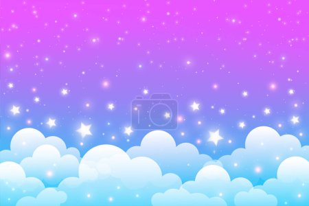 Ilustración de Fondo de unicornio arco iris con nubes y estrellas. Cielo de color pastel. Paisaje mágico, patrón fabuloso abstracto. Lindo fondo de pantalla de caramelo. Vector - Imagen libre de derechos