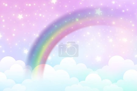 Illustration for Fantasy unicorn background with clouds on rainbow sky. Magical landscape, abstract fabulous wallpaper with stars and sparkles. Arched realistic spectrum. Vector - Royalty Free Image