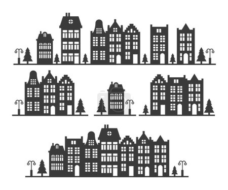 Téléchargez les illustrations : Silhouette d'une rangée de maisons de style Amsterdam. Façades de vieux bâtiments européens pour la décoration de Noël. Illustration vectorielle - en licence libre de droit