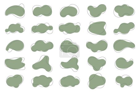 Téléchargez les illustrations : Ensemble de formes organiques vertes. Des taches irrégulières abstraites dans un design minimaliste et tendance avec des cercles de contour. Formulaires vectoriels pour cadres d'histoire d'affiche. - en licence libre de droit