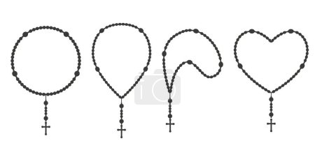 Rosary beads silhouettes set. Prayer heart shaped jewellery for meditation. Catholic chaplet with a cross. Religion symbol. Vector isolated illustration