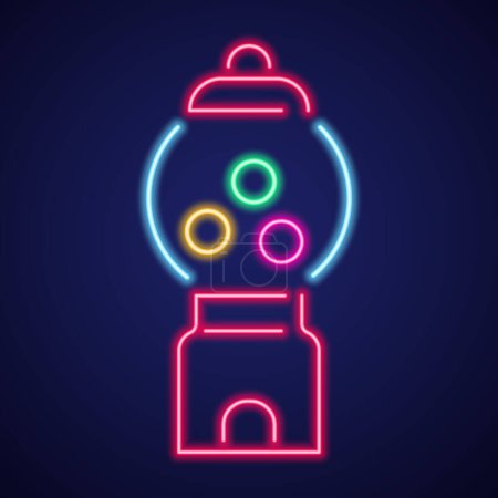 Illustration for Gumball machine neon icon. Retro vending dispenser for candies and bubblegums. Sweets slot vector illustration. - Royalty Free Image