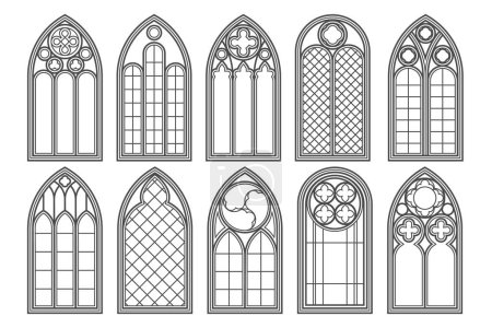 Illustration for Gothic church windows. Vector architecture arches with glass. Old castle and cathedral frames. Medieval stained interior design. Vintage illustration. - Royalty Free Image