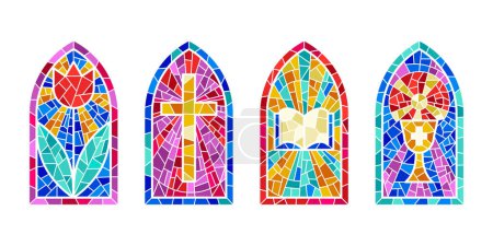 Kirchenglasfenster. Gefärbte katholische Mosaikrahmen mit Kreuz, Buch und religiösen Symbolen. Vektor isoliert auf weißem Hintergrund.