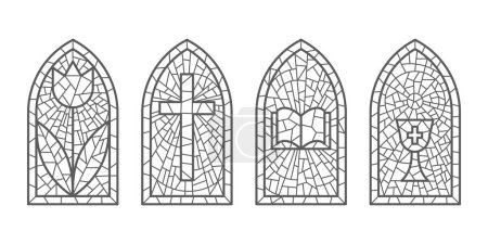 Kirchenglasfenster. Gefärbte katholische Mosaikrahmen mit Kreuz, Buch und religiösen Symbolen. Vektor isoliert auf weißem Hintergrund.