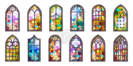 Illustration for Gothic stained glass windows. Church medieval arches. Catholic cathedral mosaic frames. Old architecture design. Vector set. - Royalty Free Image