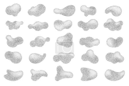 Ilustración de Formas de semitono abstractas con puntos de gradiente fluido. Manchas de grunge de punto líquido con gradación. Grainy elementos de sombreado al azar. Conjunto de vectores. - Imagen libre de derechos