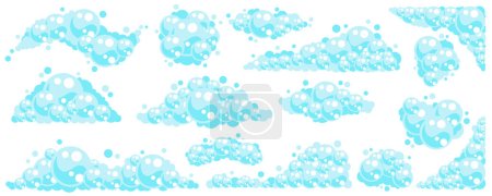Burbujas de espuma de jabón. Suds baño de dibujos animados de champú. Ilustración vectorial aislada sobre fondo blanco.