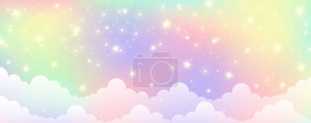 Illustration for Cloudy sky background. Unicorn fantasy pastel galaxy. Rainbow cute wallpaper. Fluffy magic pink landscape. Vector illustration. - Royalty Free Image