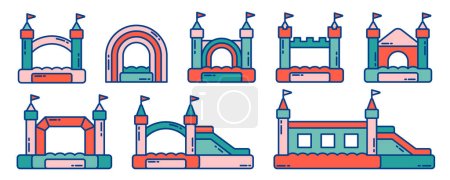 Illustration for Bouncy inflatable castle icons set. Vector trampoline pictograms for jumping game isolated on white background. Colorful illustration. - Royalty Free Image