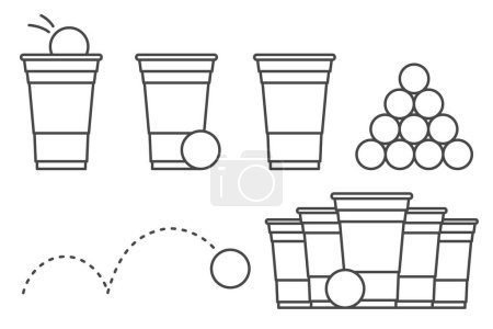 Décrivez l'illustration du bière pong. Coupe en plastique et boule avec éclaboussures de bière. Soirée traditionnelle jeu à boire. Illustration vectorielle.
