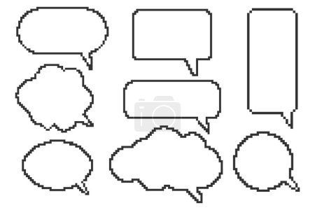 Téléchargez les illustrations : Pixel art à bulle vocale pour chat de jeu et message de dialogue. Cadre de ballon numérique rétro. Fenêtres de commentaire définies. Illustration vectorielle. - en licence libre de droit