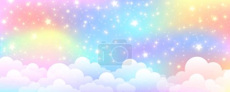 Fond pastel licorne arc-en-ciel avec des étoiles scintillantes. Ciel fantaisiste nuageux rose. Mignon espace holographique. Fée dégradé irisé toile de fond. Illustration vectorielle.