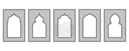 Téléchargez les illustrations : Cadre islamique avec arc et ornement. Porte Ramadan sur fond géométrique pour la conception d'invitation de mariage. Ensemble de décorations orientales vectorielles - en licence libre de droit