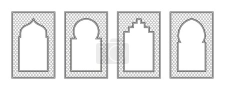 Islamic frame with arch and ornament. Ramadan gate on geometric background for wedding invitation design. Vector oriental decorations set